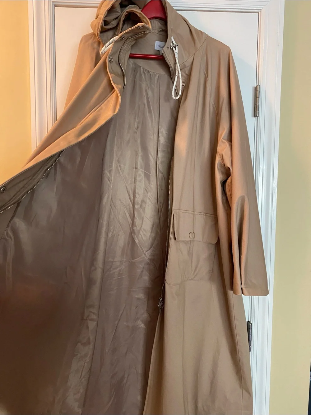 Aligne 98% Organic Cotton Long Hooded Double Zip Trench Coat NWOT